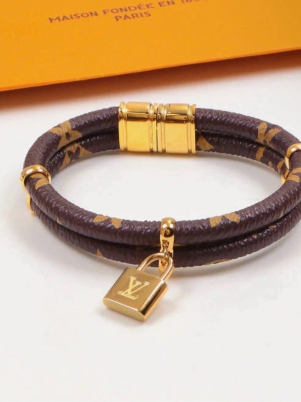 New Brown & Gold Monogram Double-Wrap Bracelet W/ Padlock Charm. - Picture 3 of 3
